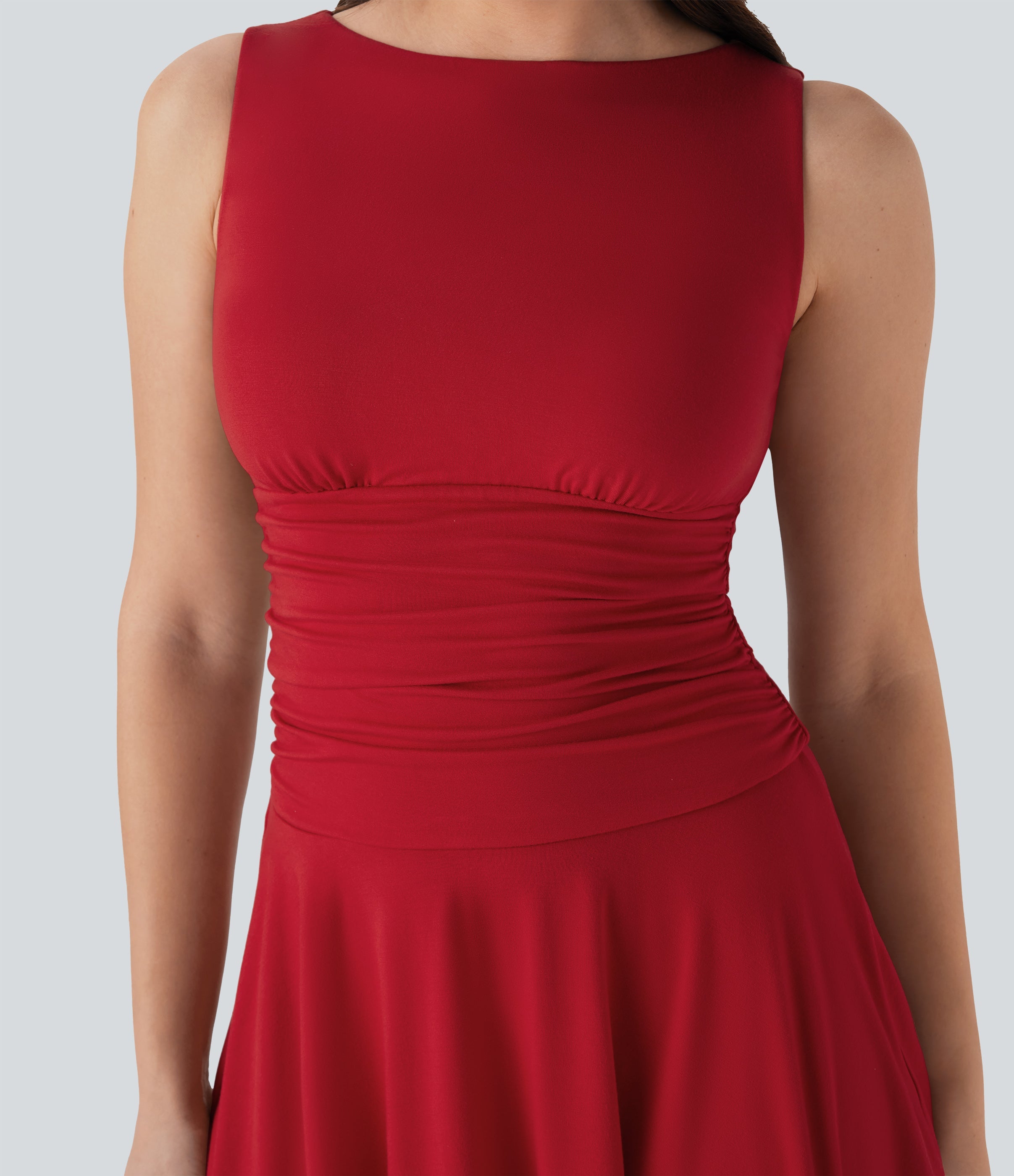 Boat Neck Sleeveless Ruched Flowy Mini Casual Dress
