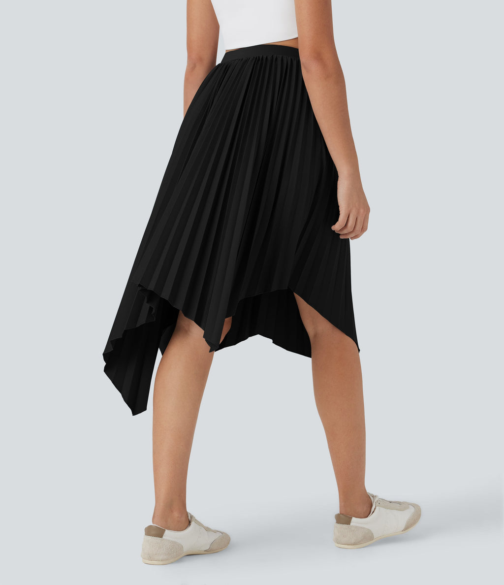 High Waisted Pleated Asymmetrical Hem Casual Skirt with Pockets
