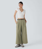Mid Rise Wide Leg Work Pants with Pockets