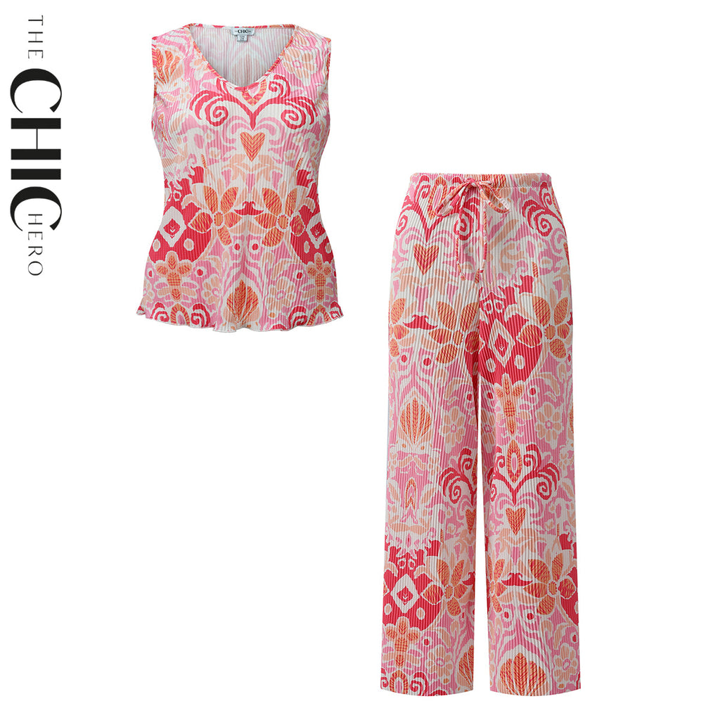 Pink Heart Abstract Prints V-Neck Vest Top & Pleated Pants