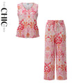 Pink Heart Abstract Prints V-Neck Vest Top & Pleated Pants