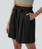 High Waisted Belted Casual Linen-Feel Bermuda Shorts with Pockets