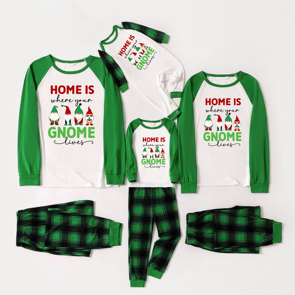 Green Raglan Top Green Plaid Christmas Pajamas Set With Christmas Gnome Print