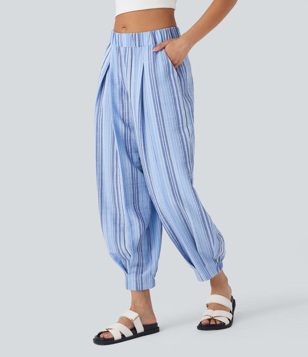Mid Rise Stripe Casual Linen-Feel Joggers with Pockets
