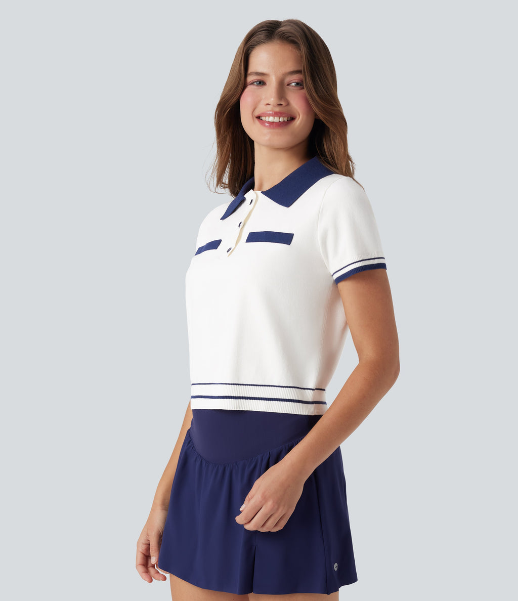 Polo Button Front Short Sleeve Casual Sweater Knit Top
