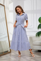 Womens Casual Short Sleeve Button Down Tie Waist Ruffled Striped Maxi Shirt Dress(Buy 2 Free Shipping)