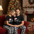 Believe Couple Christmas Pajamas Set - Black Top Black and White Plaid Pants White Text Graphic