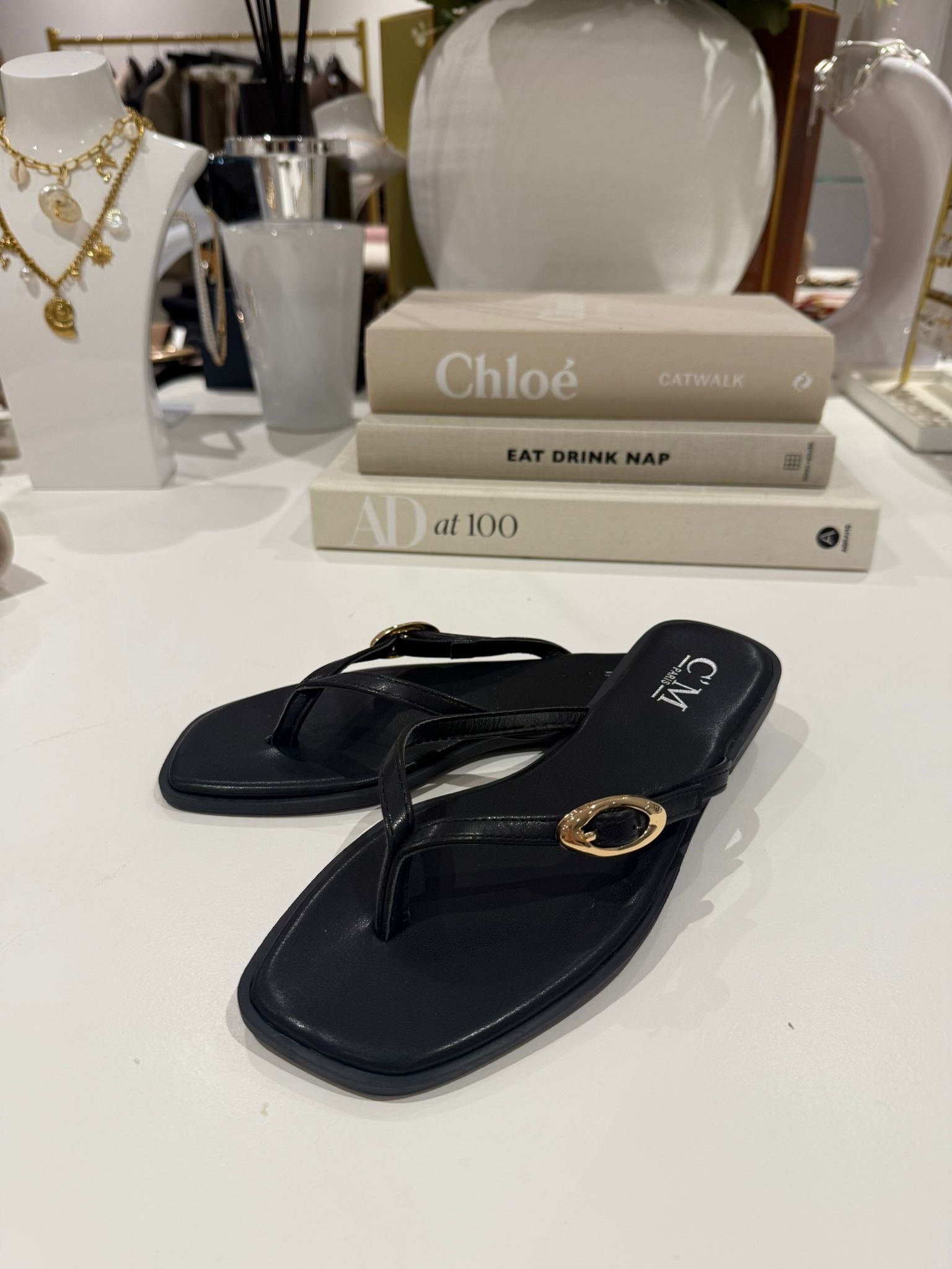 Toe Thong Flat Gold Buckle Sandals (2 Colours)