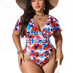Colorful Floral Puff Sleeves One-Piece Swimsuit&Skirt