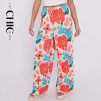 Rose Flower Print Abstract Wide-Leg Drawstring Palazzo Pleated Pants