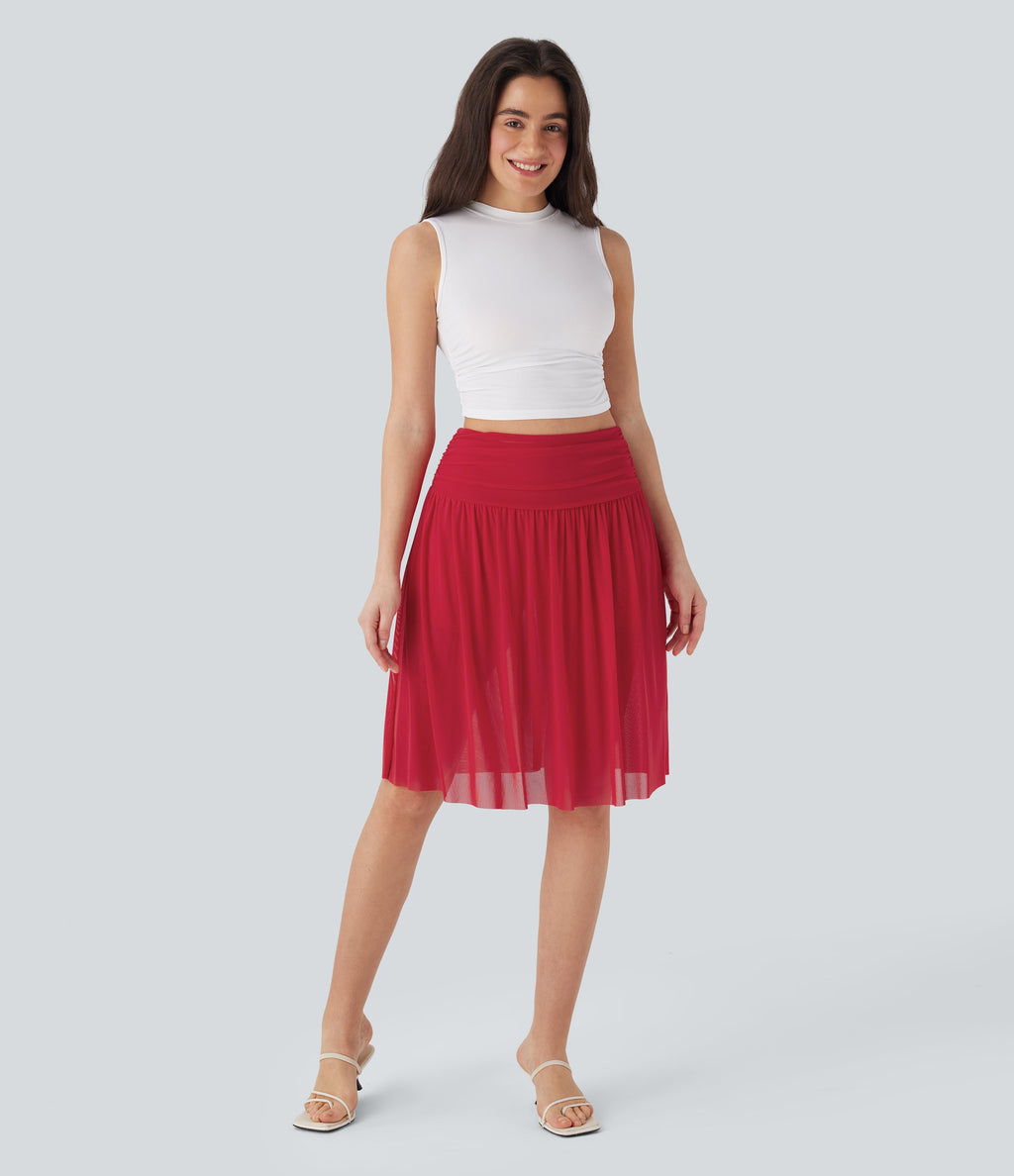 High Waisted Ruched 2-in-1 Contrast Mesh Flowy Midi Casual Skirt with Pockets