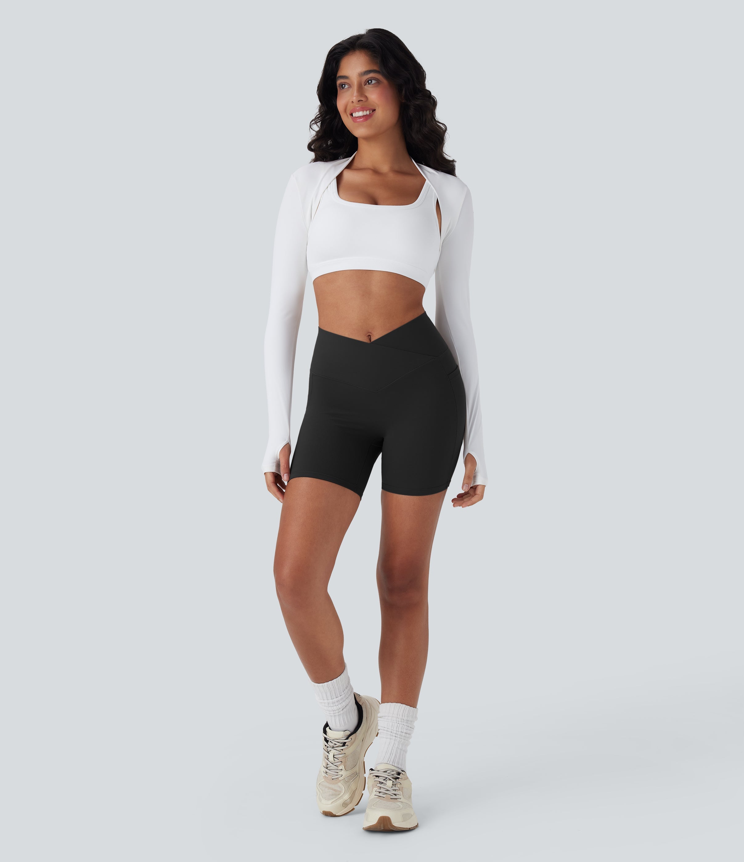 UltraSculptTM High Waisted Crossover Tummy Control Butt Lifting Yoga Biker Shorts 5'' with Pockets