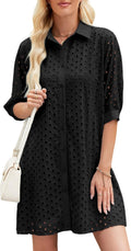 Womens Summer Shirt Dress Eyelet Hollow Out Short Dress with 3/4 Sleeves Button Down Casual Dress Summer Beach Dress