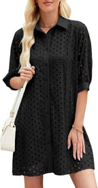 Womens Summer Shirt Dress Eyelet Hollow Out Short Dress with 3/4 Sleeves Button Down Casual Dress Summer Beach Dress