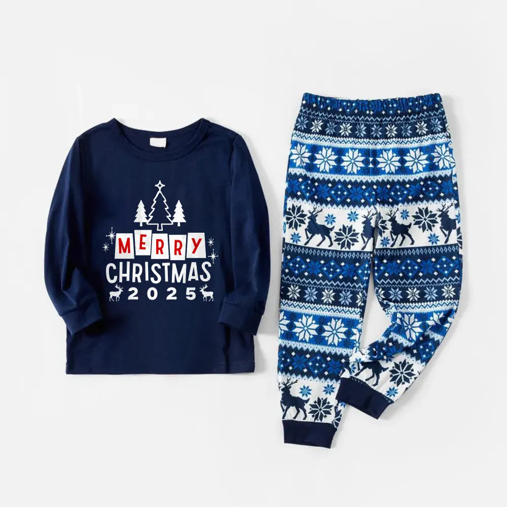 Joyful Blue Christmas Pajamas Set With Christmas Tree and Holiday Slogan