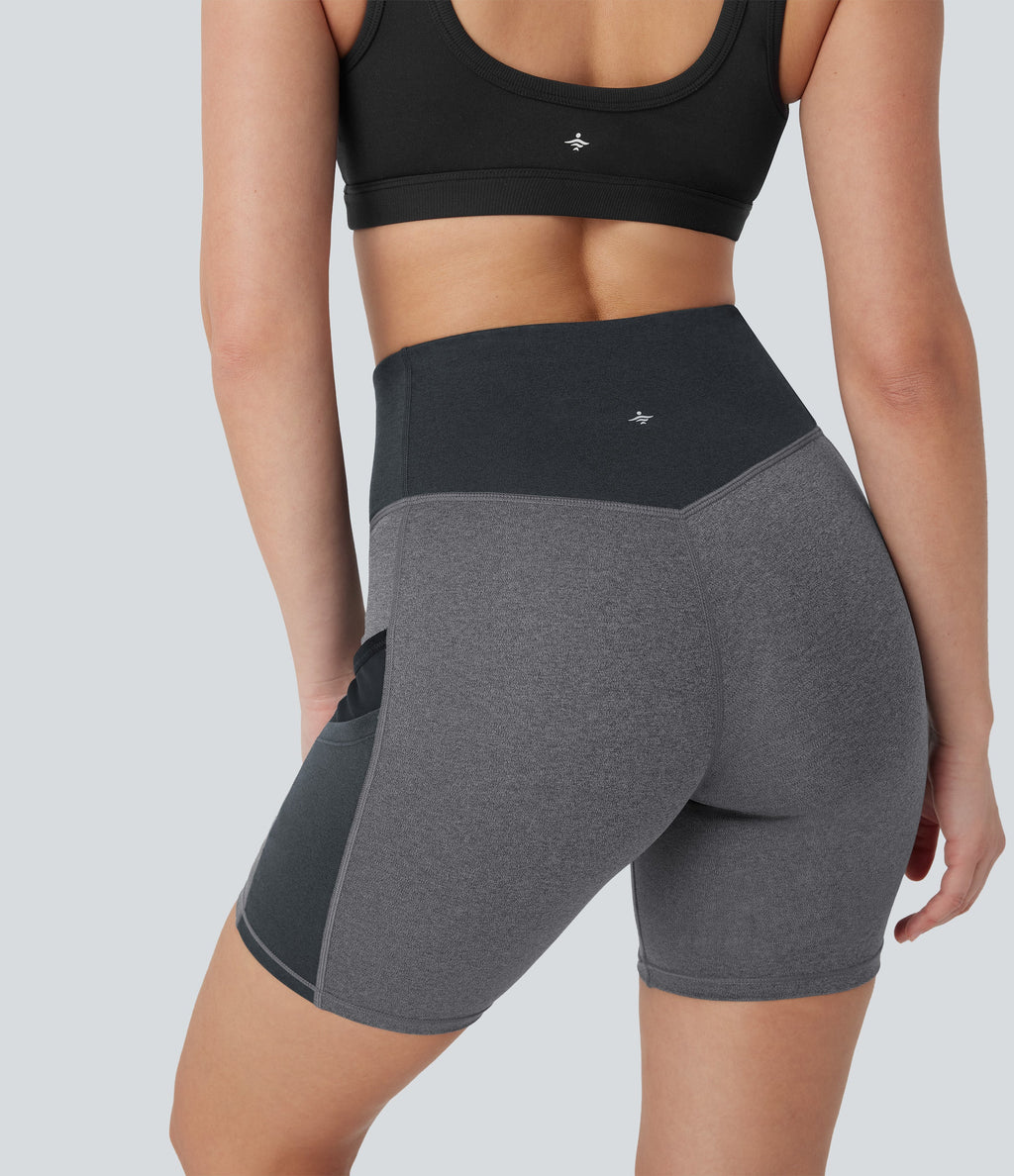 High Waisted Color Block Contrast Mesh Quick Dry Yoga Biker Shorts 7'' with Pockets