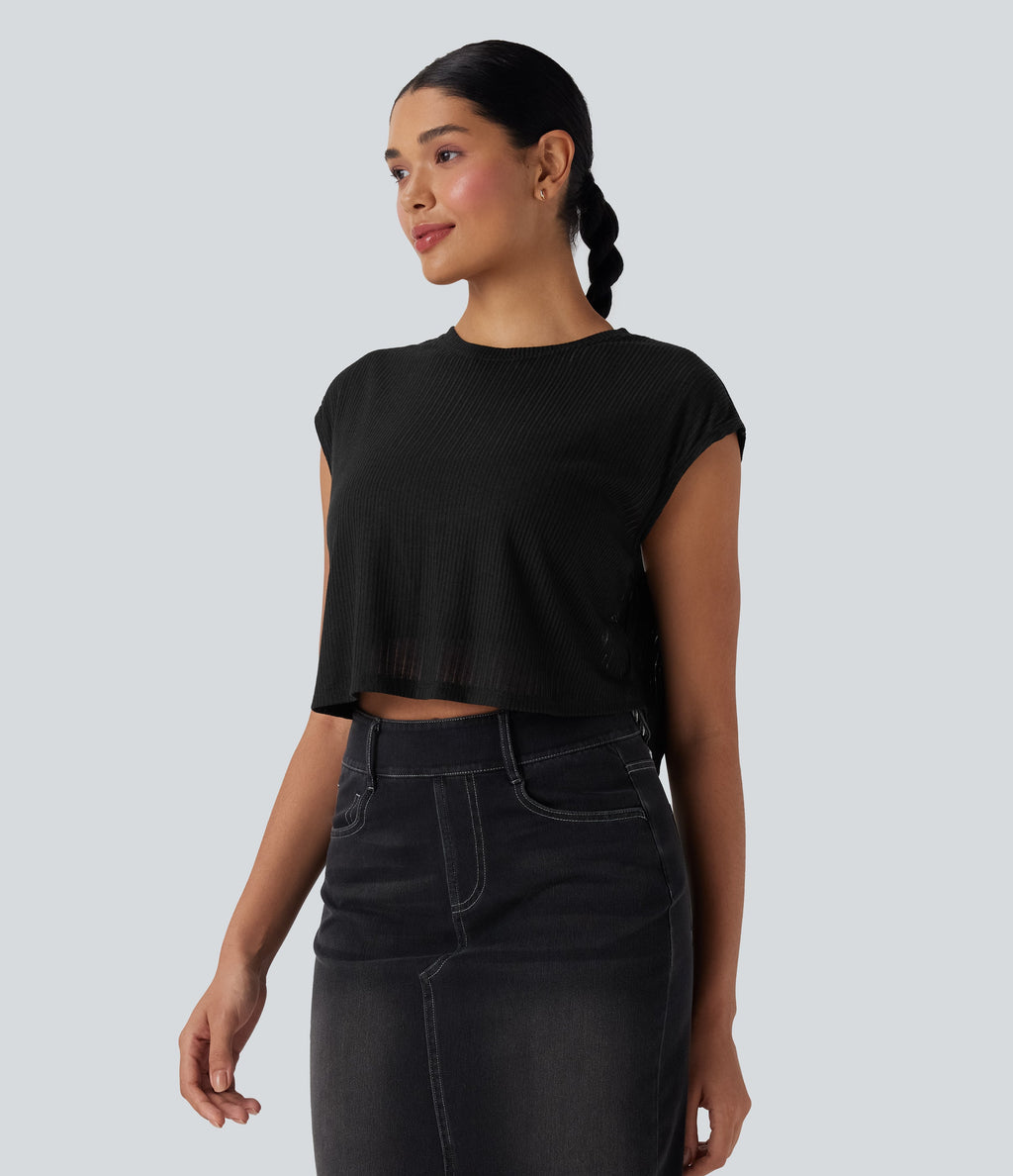 Round Neck Cap Sleeve Cut Out Casual Top