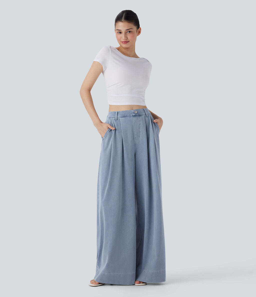 FlexTM High Waisted Wide leg Cool Touch Quick Dry Denim Casual Jeans with Pockets