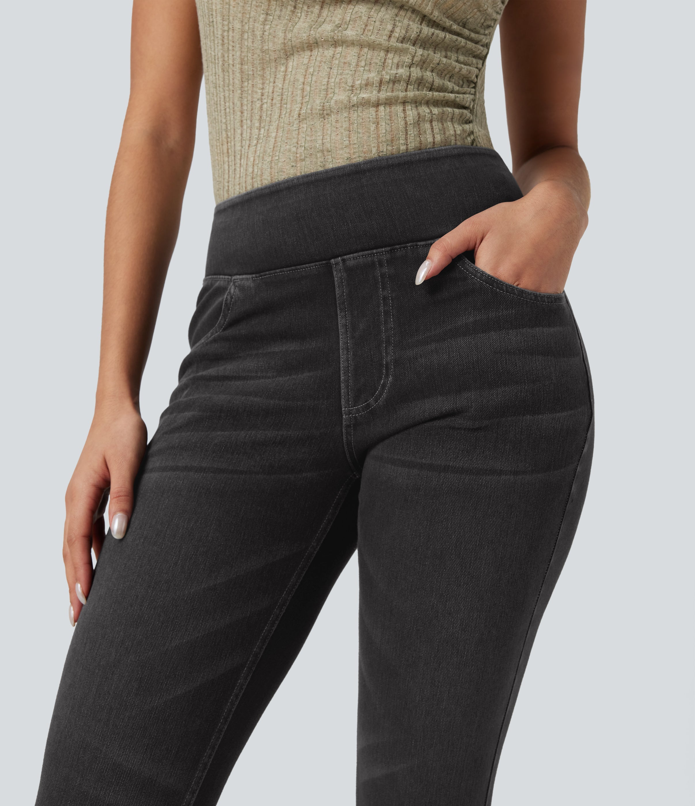 FlexTM High-Waisted Denim Casual Capri Leggings with Pockets