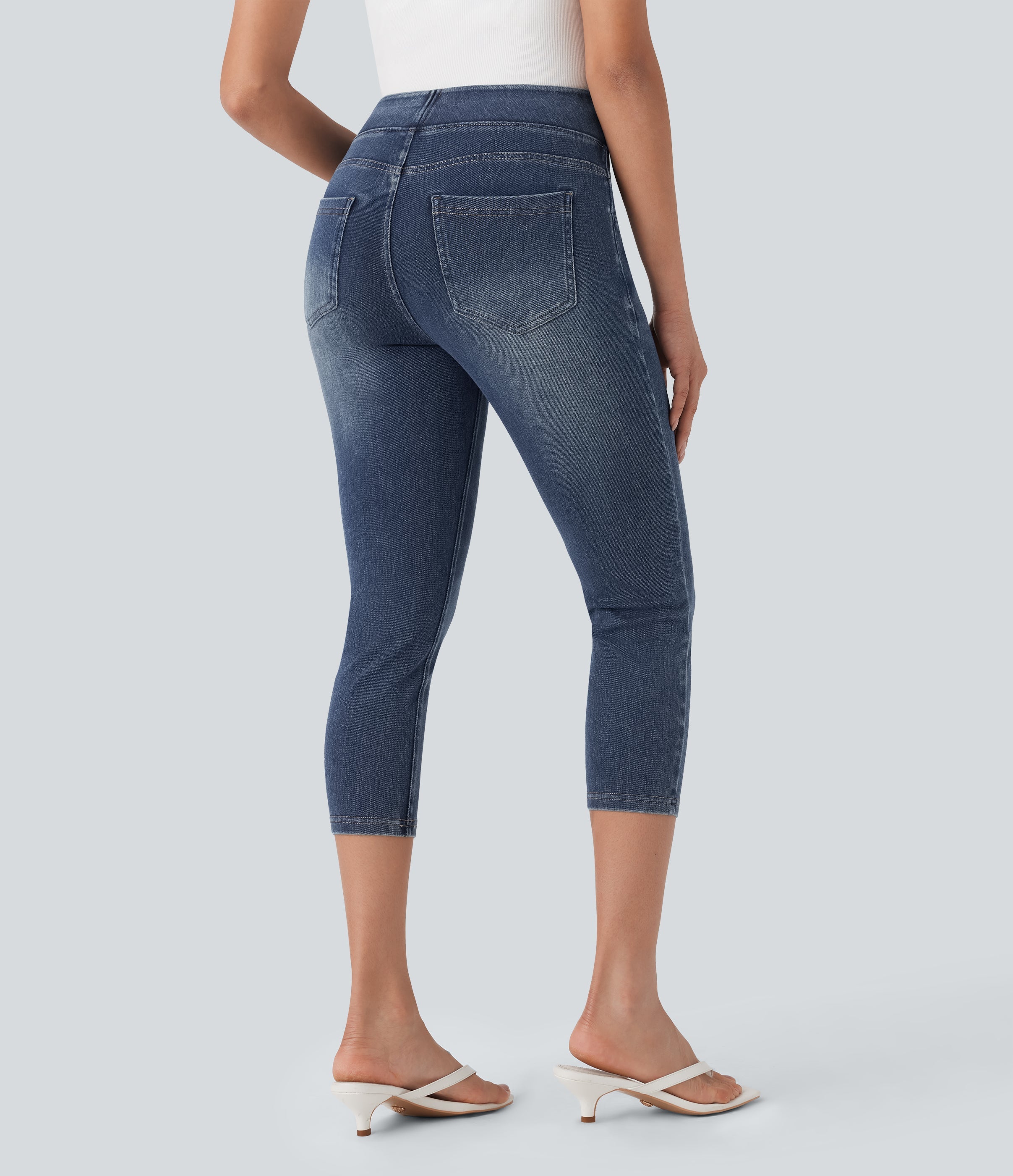 FlexTM High-Waisted Denim Casual Capri Leggings with Pockets