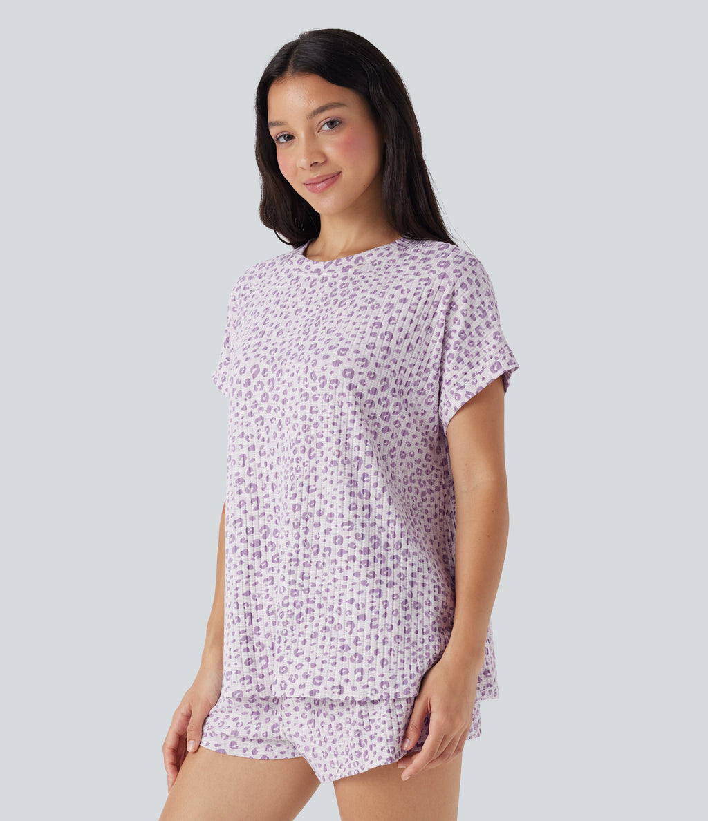 Round Neck Short Sleeve Leopard Print Lounge Top