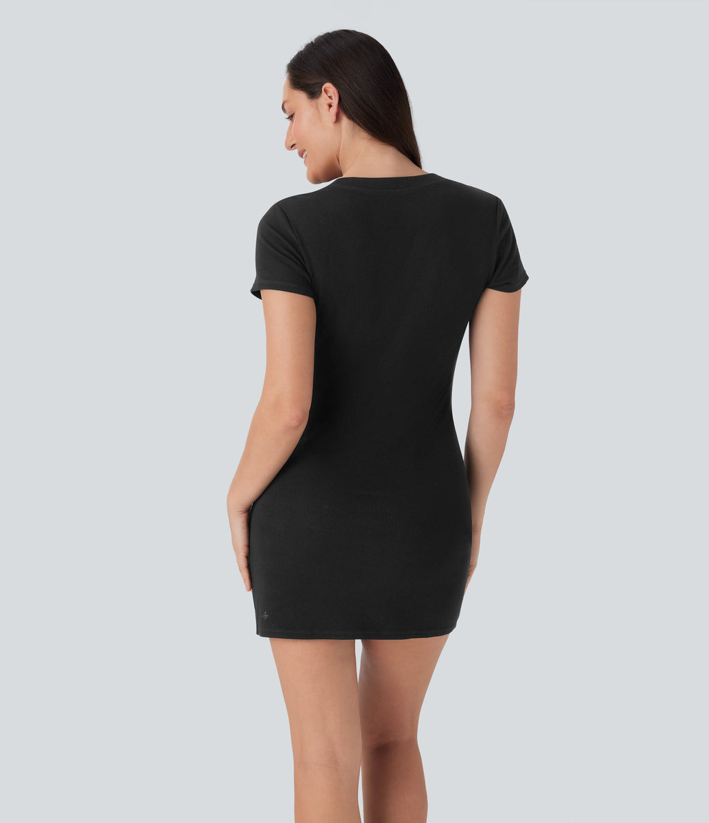 Ribbed Knit Round Neck Mini Casual Dress