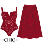 Red Petal Print Hollow One-Piece V Neck Swimsuit&Skirt