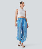 High Waisted Shirred 2-in-1 Stripe Casual Joggers with Pockets