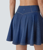 FlexTM High Waisted 2-in-1 Cool Touch Washed Stretchy Knit Denim Mini Tennis Skirt with Pockets
