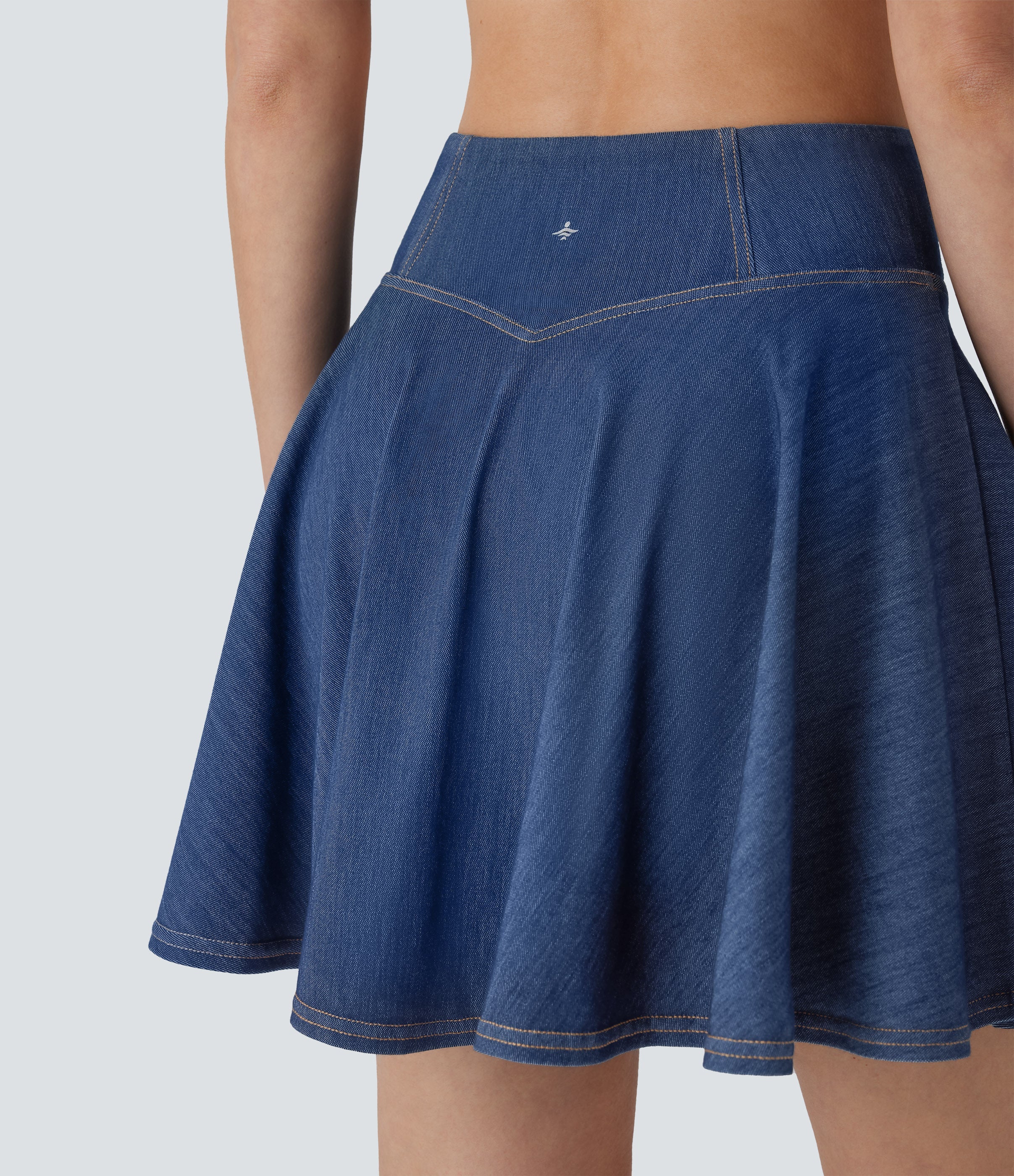 FlexTM High Waisted 2-in-1 Cool Touch Washed Stretchy Knit Denim Mini Tennis Skirt with Pockets