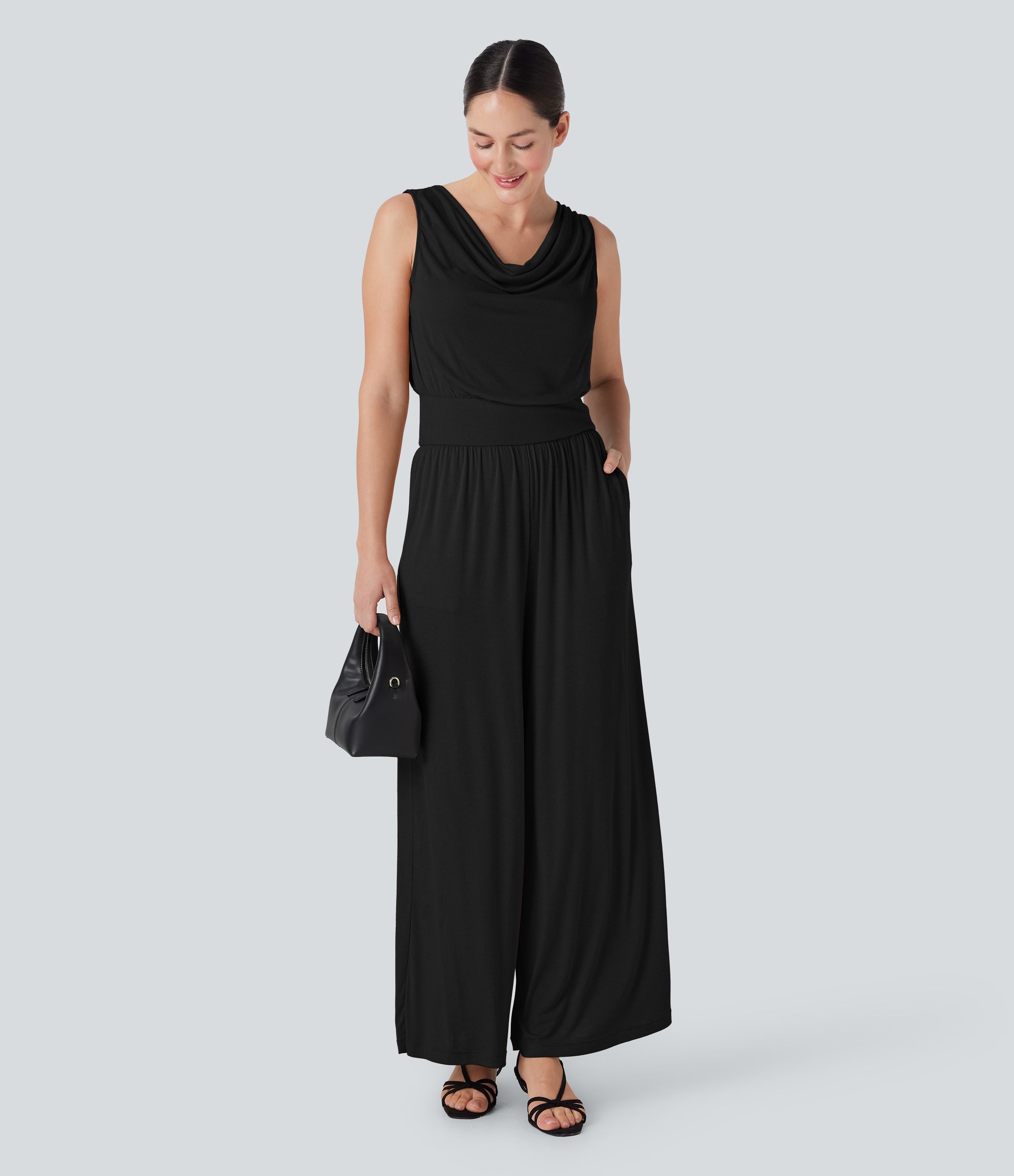 Ribbed Cowl Neck Sleeveless Wide Leg Casual Jumpsuit with Pockets