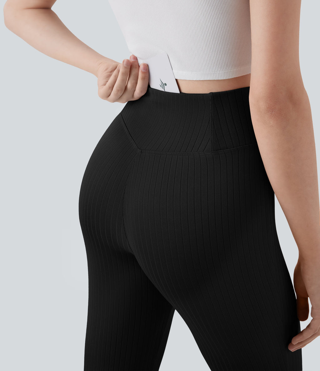 Ribbed Knit Crossover High Waisted Casual Flare Pants with Pocket