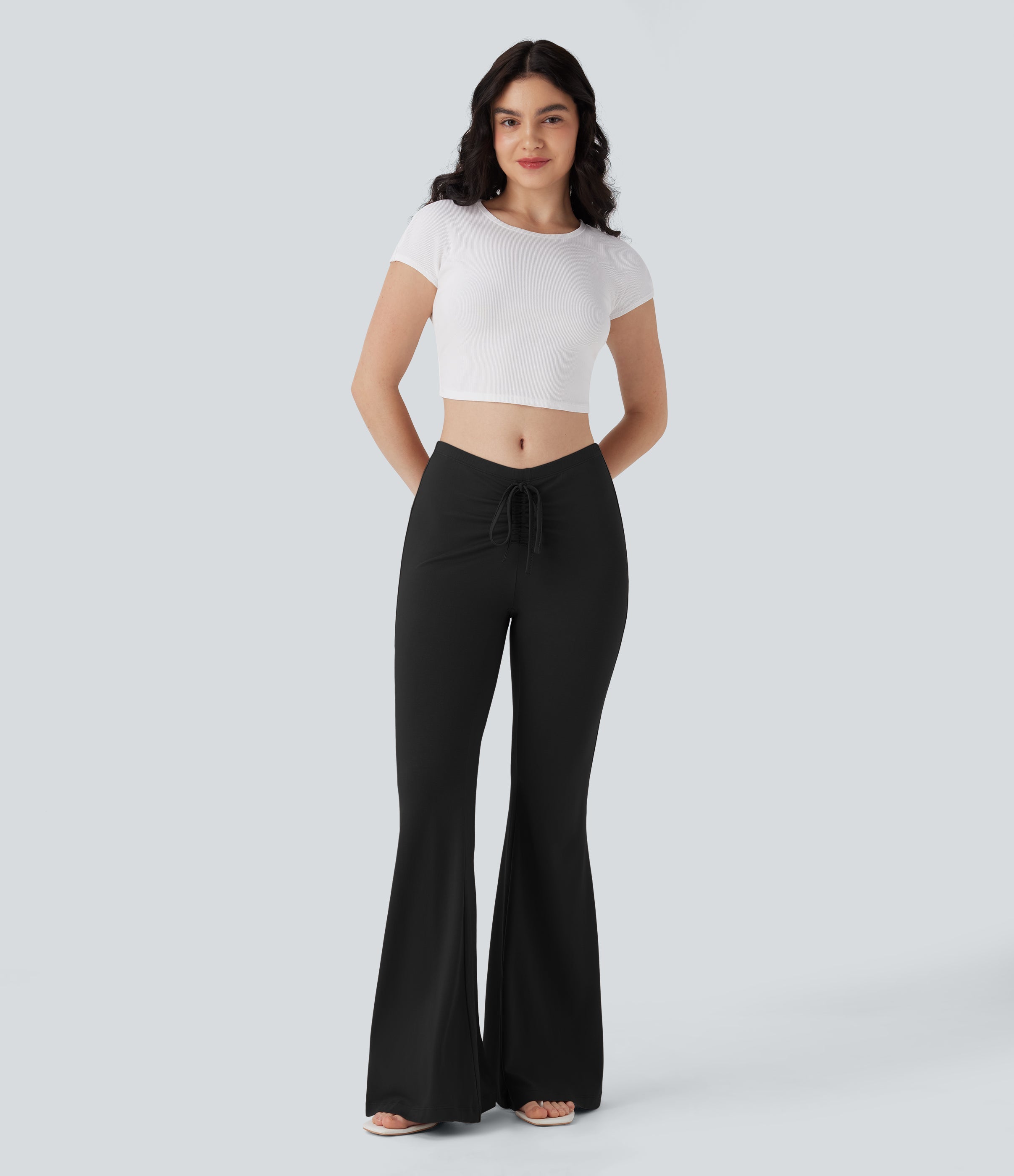 V Shaped Mid Rise Drawstring Flowy Casual Flare Pants