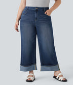 Plus Size FlexTM High Waisted Wide Leg Rolled Hem Washed Stretchy Knit Casual Jeans with Pockets