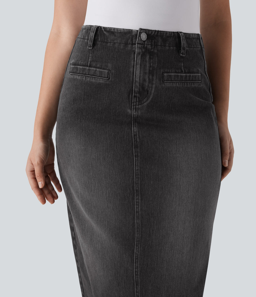 FlexTM Mid Rise Back Midi Washed Denim Casual Straight Skirt with Pockets