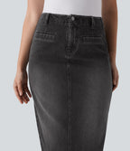 FlexTM Mid Rise Back Midi Washed Denim Casual Straight Skirt with Pockets