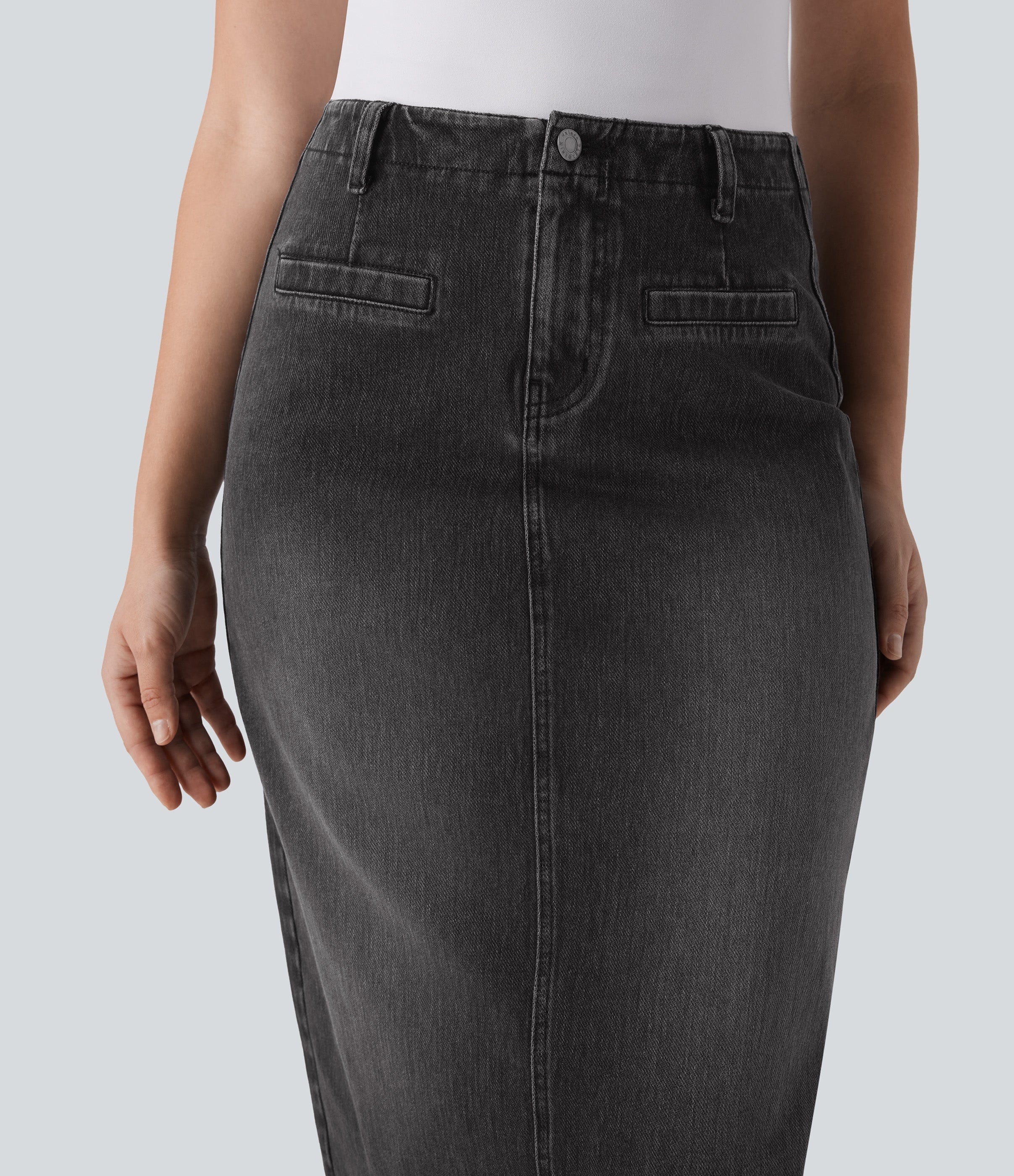 FlexTM Mid Rise Back Midi Washed Denim Casual Straight Skirt with Pockets