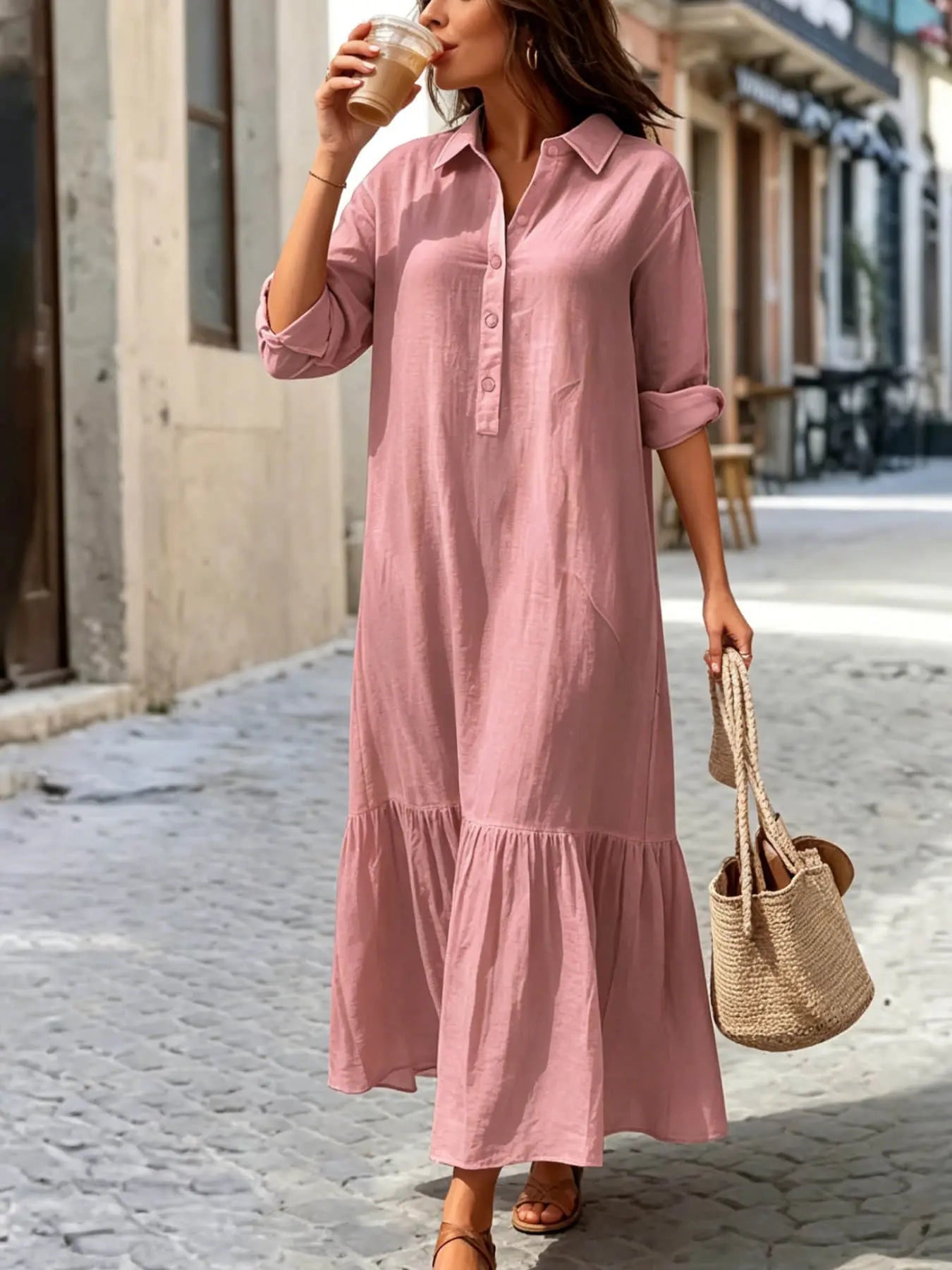 Women's Maxi Dress Linen-feel Dresses Faux Cotton Linen Shirt Dress Kaftan Dress Basic Casual Daily Vacation Regular Fit Plain Long Sleeve V Neck