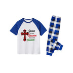 Blue Plaid Short Sleeve Christmas Pajamas Set With "Jesus Is The Reason For The Season" Slogan Print