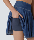 FlexTM High Waisted 2-in-1 Cool Touch Washed Stretchy Knit Denim Mini Tennis Skirt with Pockets