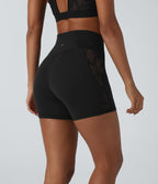 SoftlyZeroTM High Waisted Crossover Contrast Lace Built-in Underwear Yoga Biker Shorts 5'' with Pocket-UPF50+