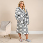 OHS Heart Print Teddy Marl Dressing Gown, Adults - Black