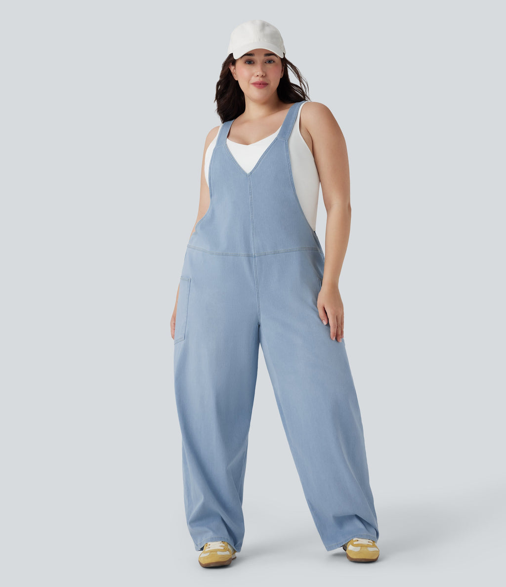 FlexTM V Neck Washed Denim Casual Plus Size Overalls with Pockets