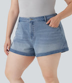 FlexTM Mid Rise Zipper Pockets Denim Casual Plus Size Shorts 3''