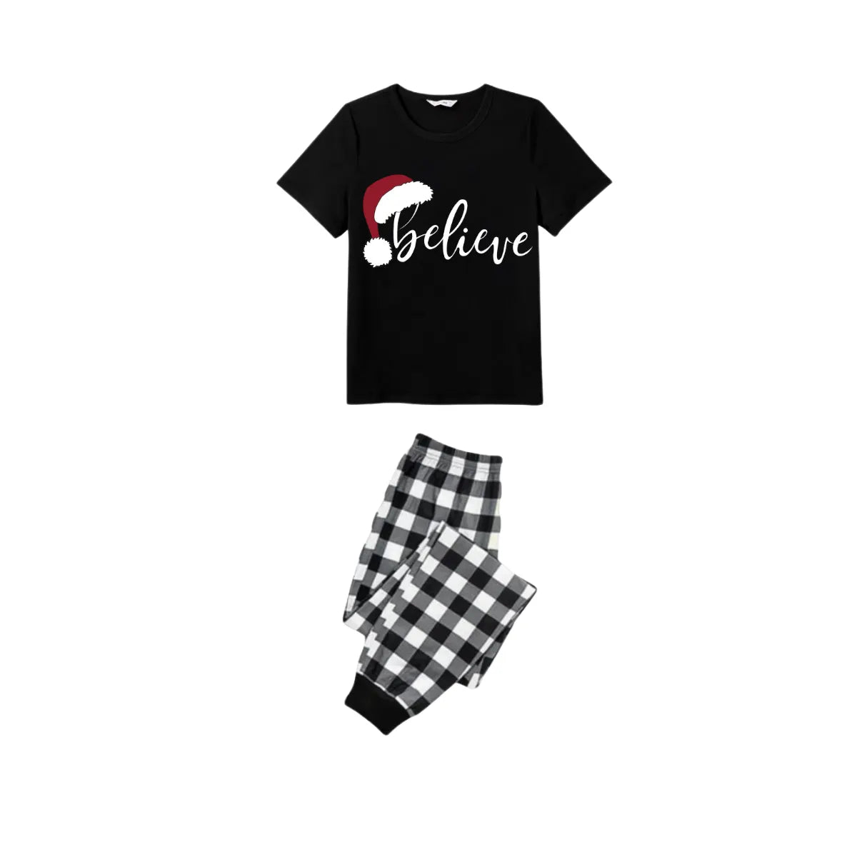 Believe Family Christmas Pajamas Set - Black Top Black and White Plaid Pants White Text Graphic