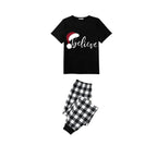 Believe Couple Christmas Pajamas Set - Black Top Black and White Plaid Pants White Text Graphic