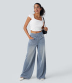 FlexTM High Waisted Stripe Wide Leg Flowy Washed Casual Jeans with Pockets