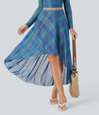 Sheer Mesh High-Waisted High-Low Plaid Maxi Flowy Skirt