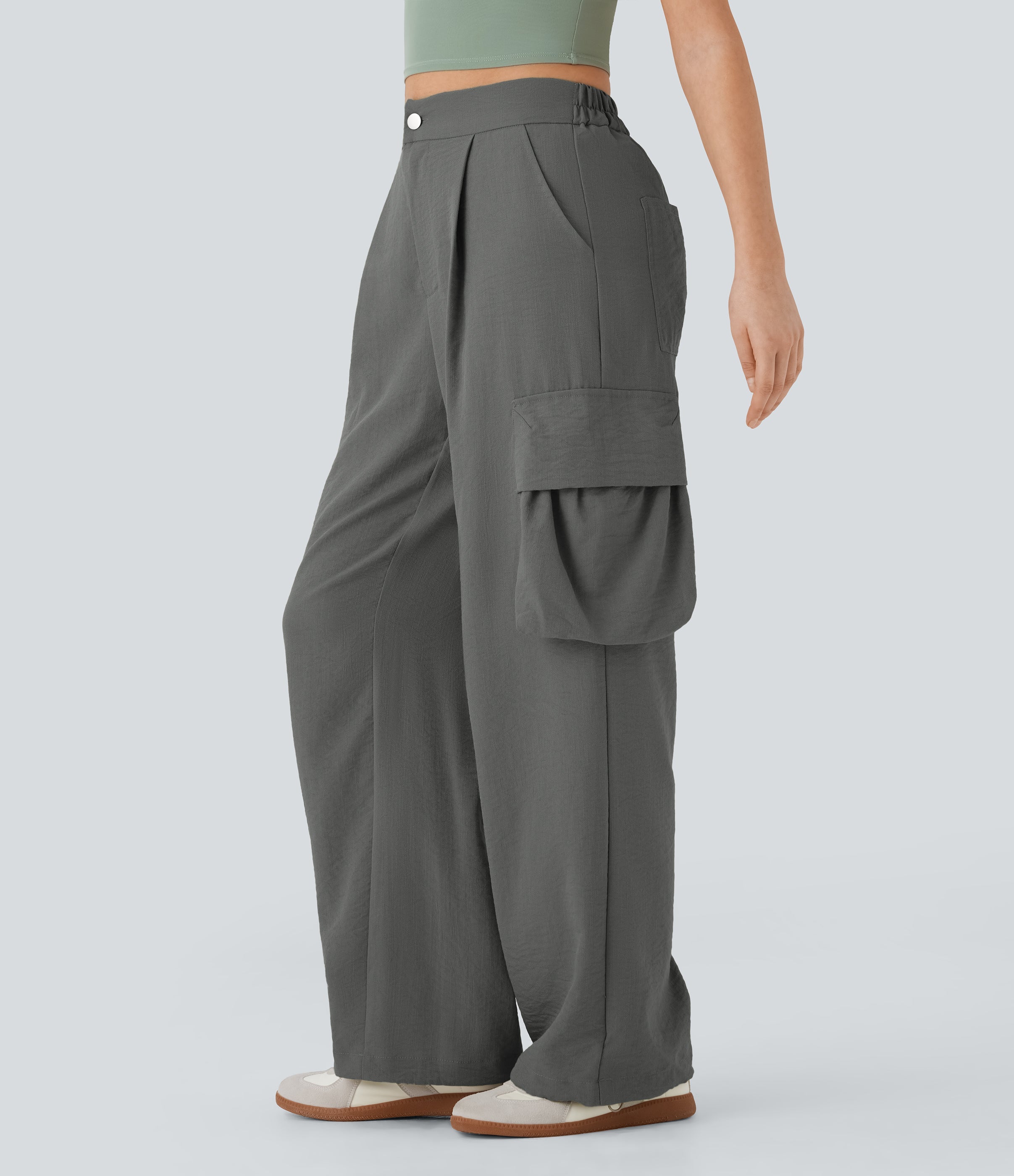 High Waisted Adjustable Drawstring Hem Linen-Feel Casual Cargo Pants with Pockets