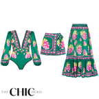 Green Grape Blossom Tropical Vineyard V-Neck Swimsuit & Skirt Set